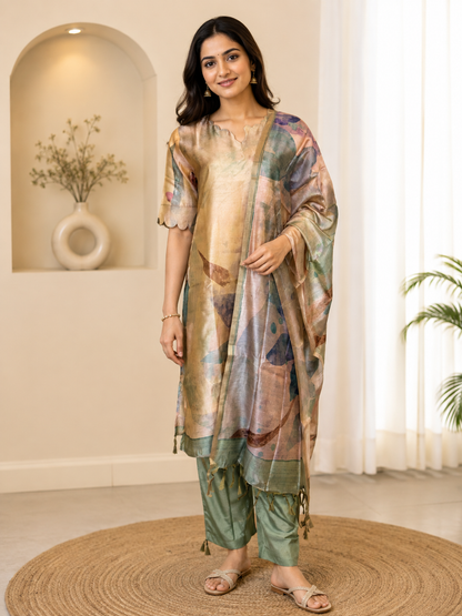 Sea Green Elegant Printed Linen Kurta Set With Duppata