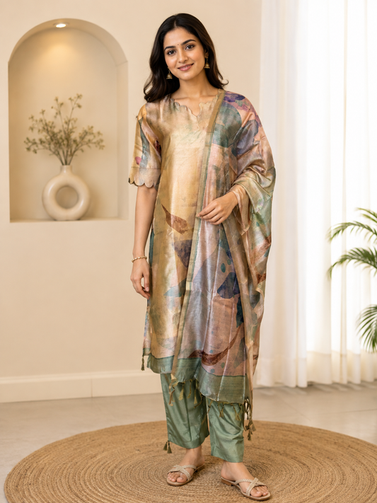 Sea Green Elegant Printed Linen Kurta Set With Duppata