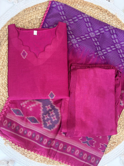 Elegant Rose Jamdhani Silk Kurta Set With Duppata