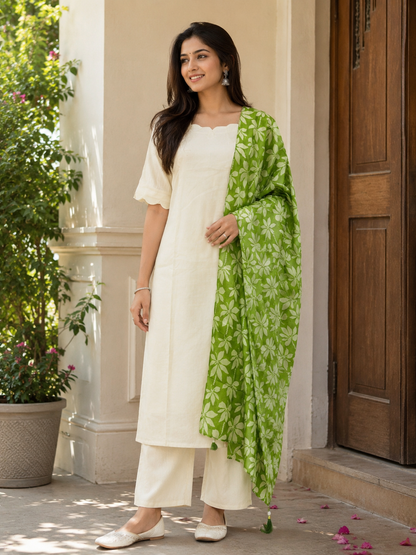 White Solid Chanderi Suit With Green Printed Dupatta