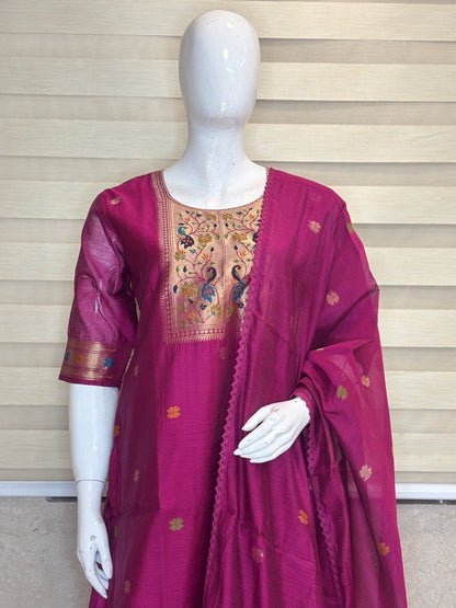 Elegant Rose Patola Silk Kurta Set With Duppata
