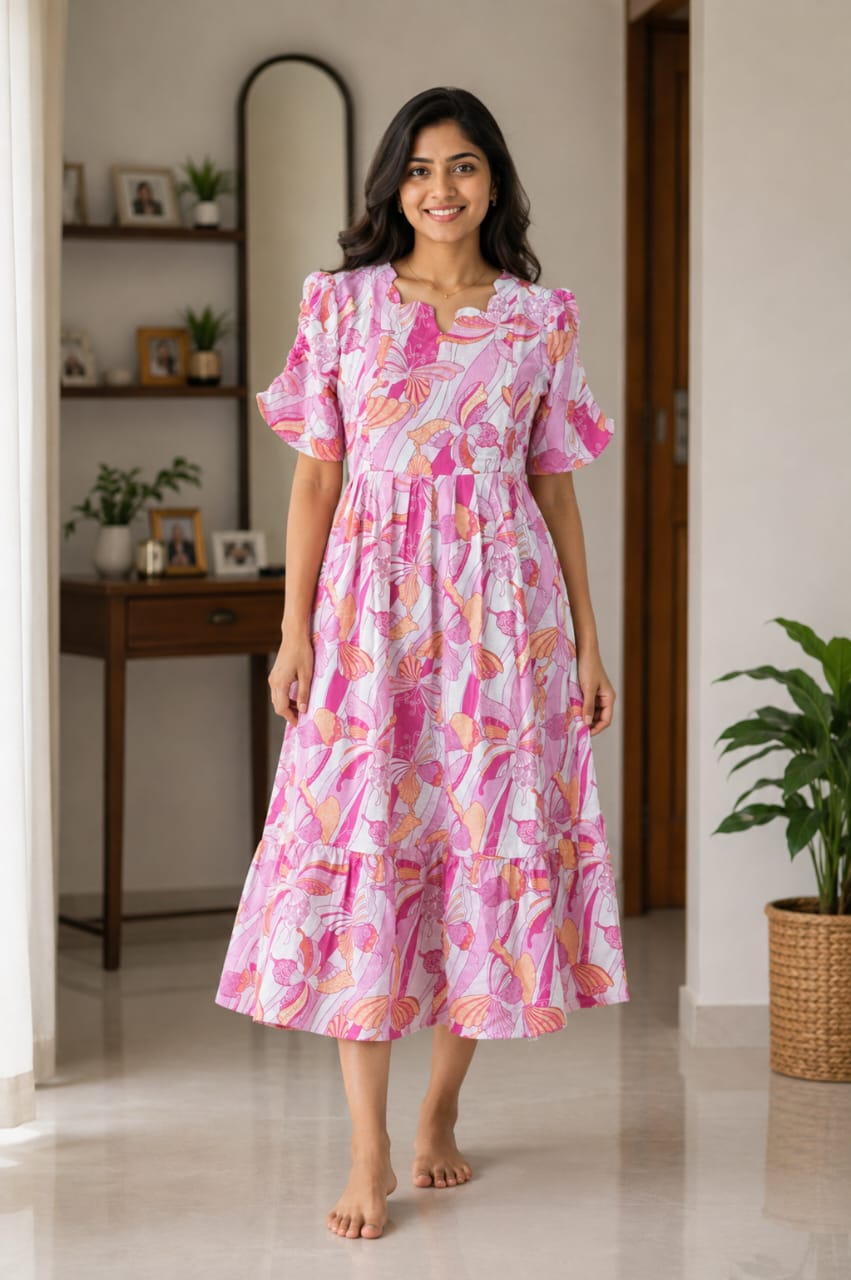 Pink Butterfly Printed Blended Cotton Feeding Maxi