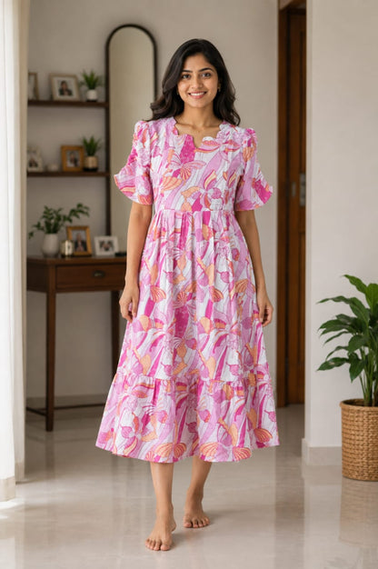 Pink Butterfly Printed Blended Cotton Feeding Maxi