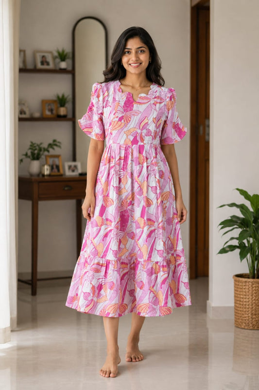 Pink Butterfly Printed Blended Cotton Feeding Maxi