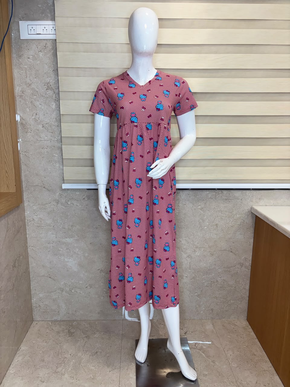Red Striped Printed Knitted Cotton V-neck Lounge frock