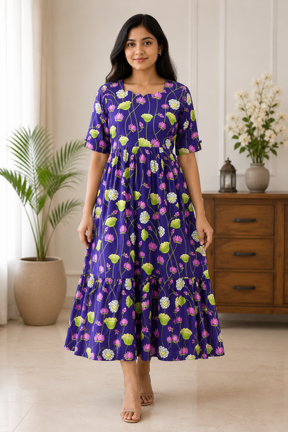 Navy Blue Lotus Printed Blended Cotton Non Feeding Maxi