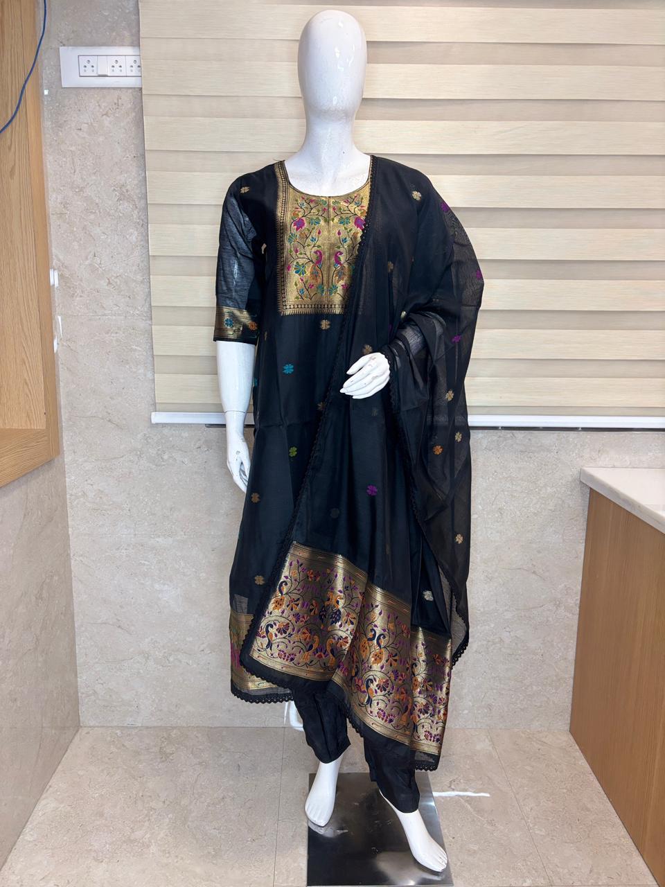Elegant Black Patola Silk Kurta Set With Duppata