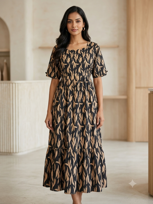 Black Beige Floral Printed Blended Cotton Non feeding Maxi