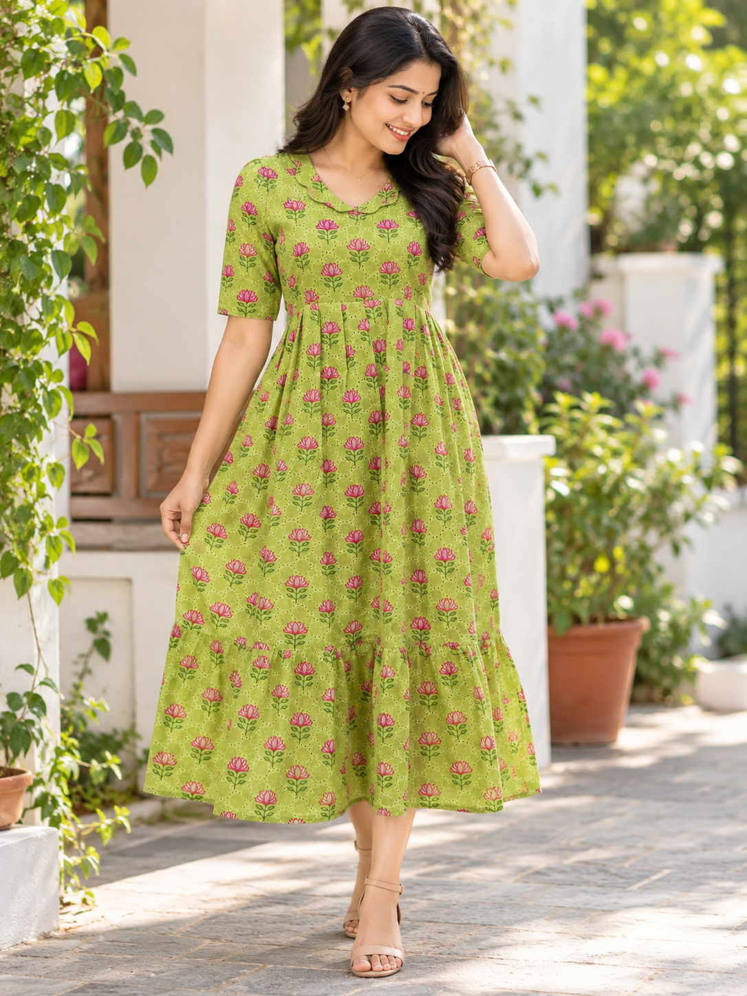 Green Floral Printed Hakoba Non-feeding Maxi