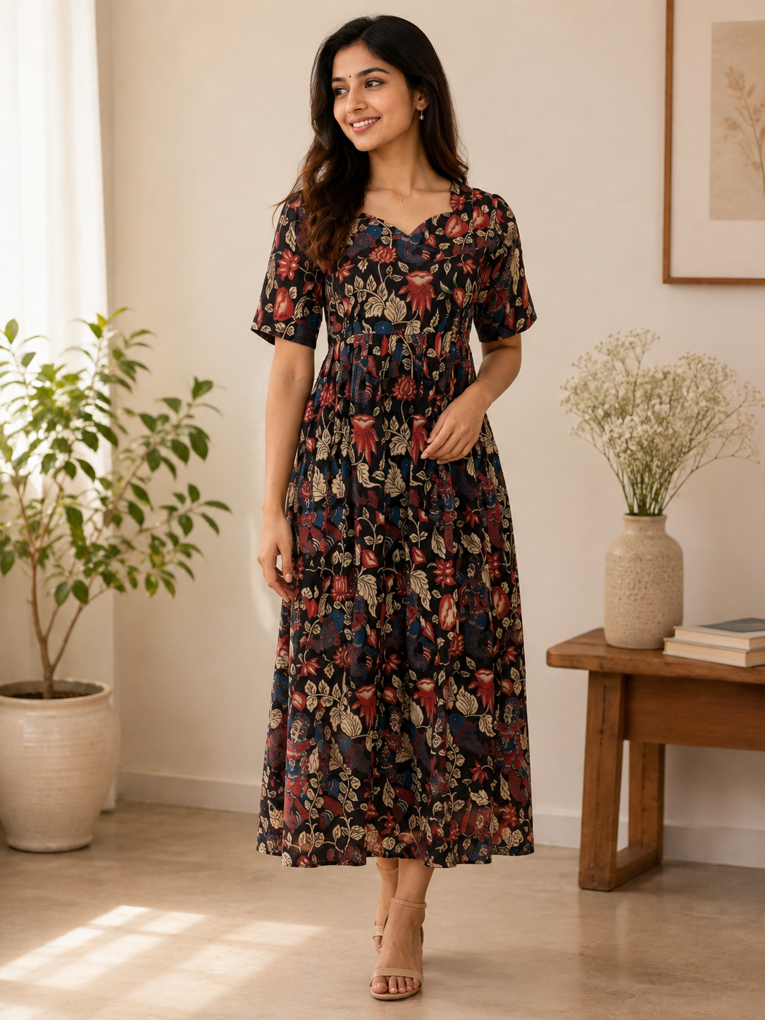 Black Peacock Floral Kalamkari Feeding Maxi