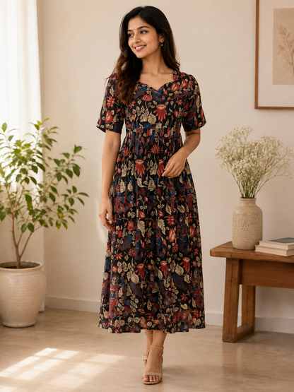 Black Peacock Floral Kalamkari Feeding Maxi
