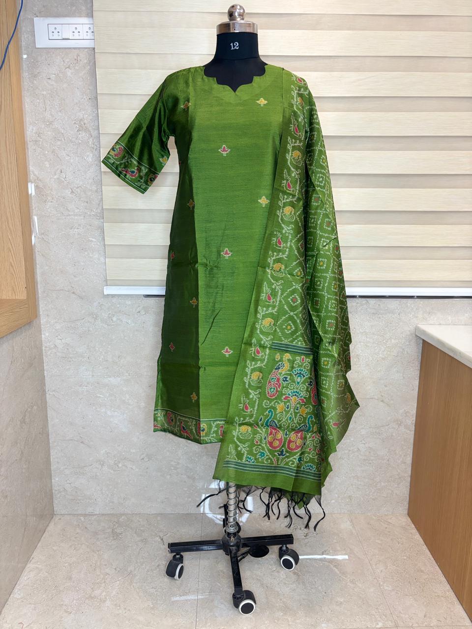 Premium Green Jamdhani Silk Kurti With Duppata 2 Piece Set