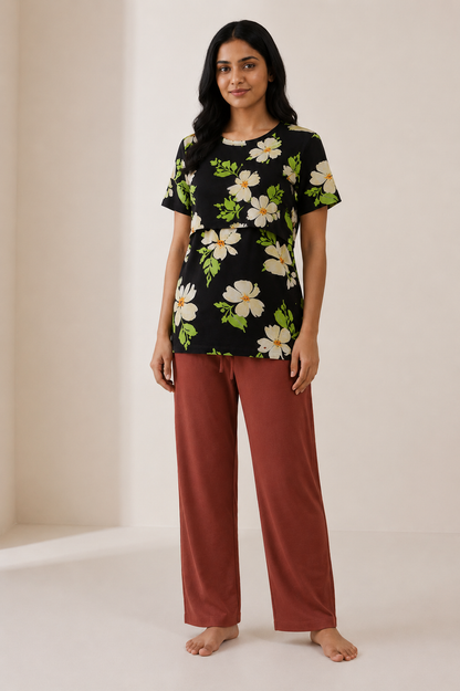 Navy Floral Print Feeding T-Shirt with Navy Palazzo