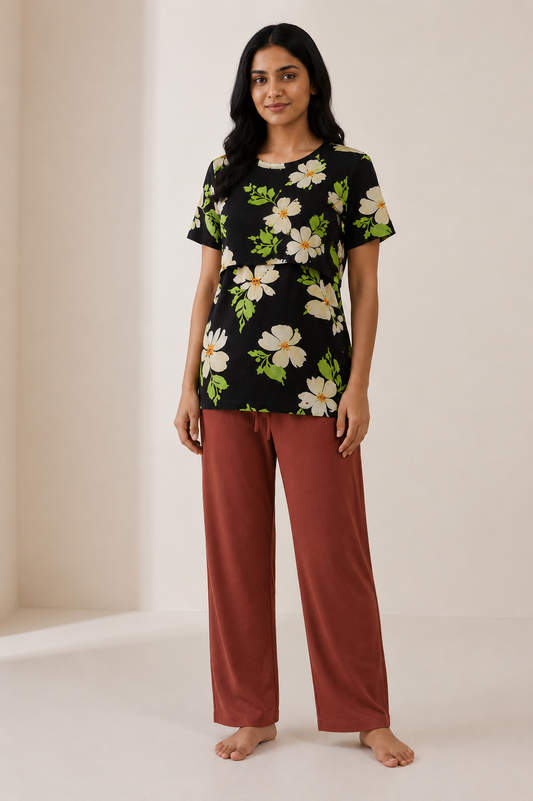 Navy Floral Print Feeding T-Shirt with Navy Palazzo