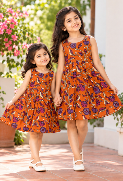Orange Floral Kalamkari Kids Outdoor Wear