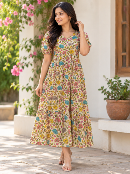 White Floral Printed Hakoba Feeding Maxi