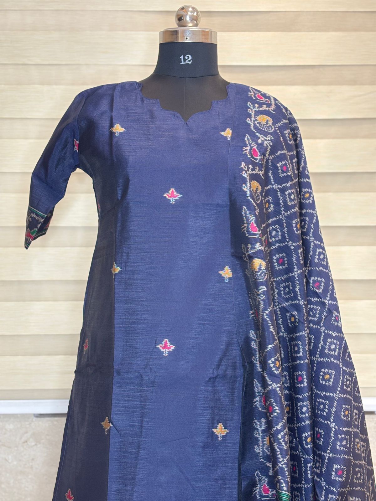 Premium Navy Jamdhani Silk Kurti With Duppata 2 piece set