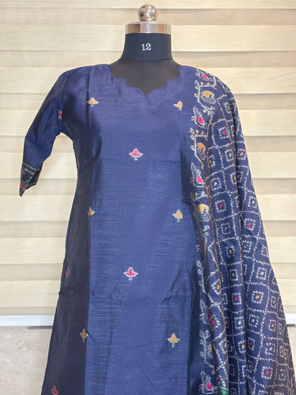 Premium Navy Jamdhani Silk Kurti With Duppata 2 piece set