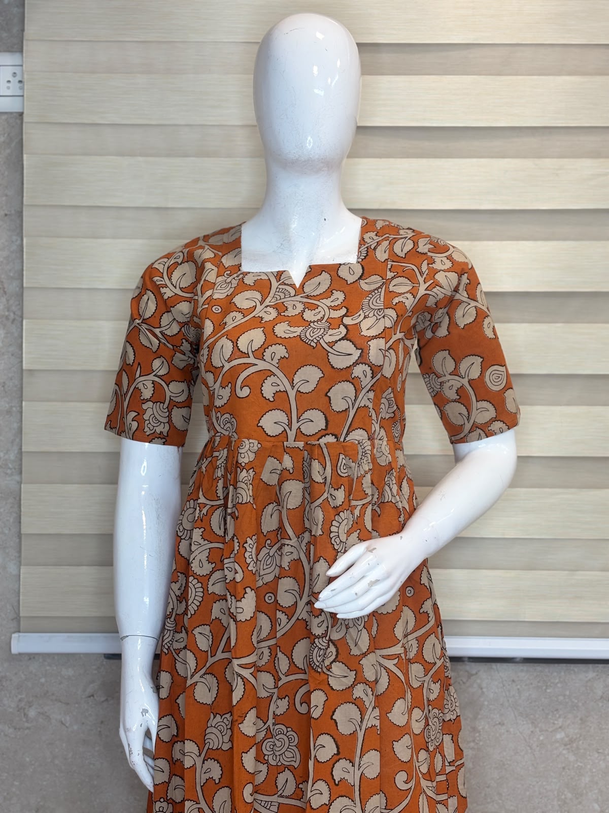 Rust Orange Ivory Floral Vine Kalamkari Feeding Maxi