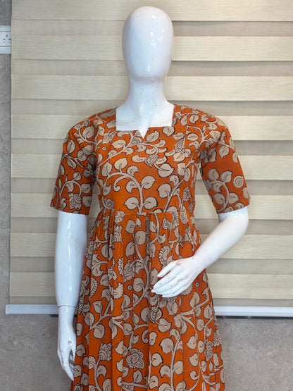 Rust Orange Ivory Floral Vine Kalamkari Feeding Maxi
