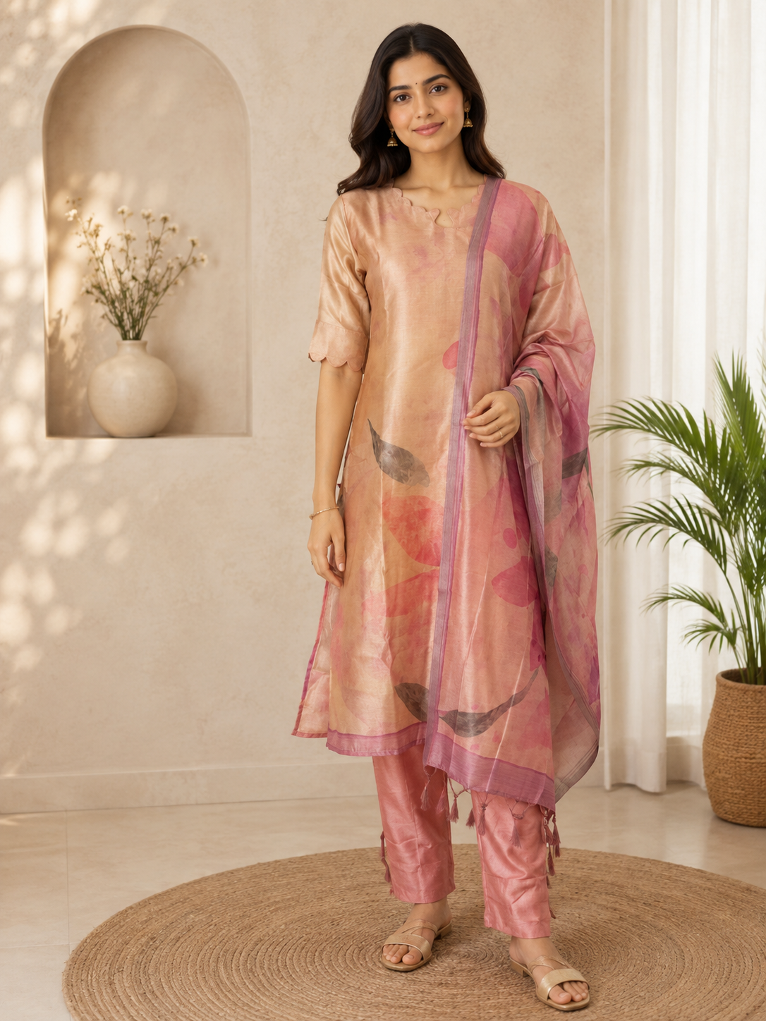 Pink Elegant Printed Linen Kurta Set With Duppata