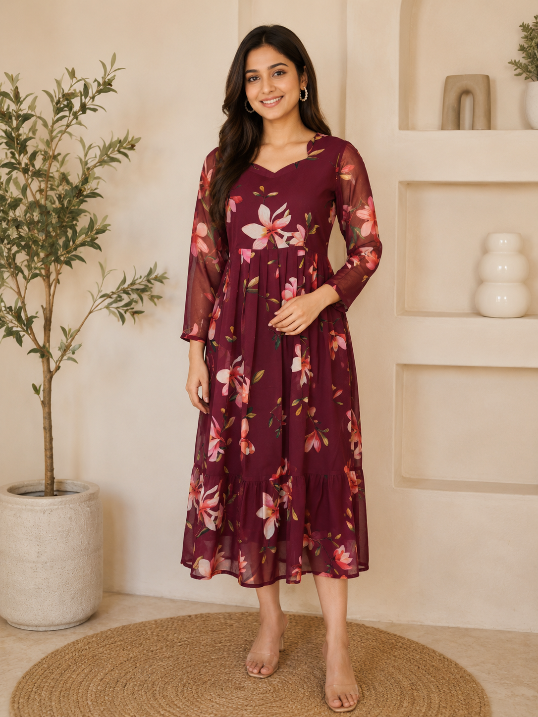 Maroon Floral Printed Georgette Outdoor Non-Feeding Maxi