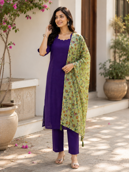 Violet Solid Chanderi Suit With Lime Green Printed Dupatta