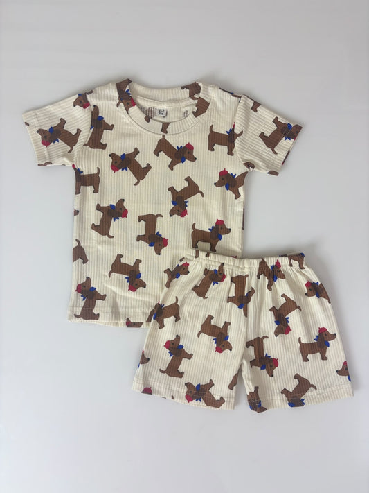 Brown Puppy Printed Kids Rib T-shirt and Shorts Set