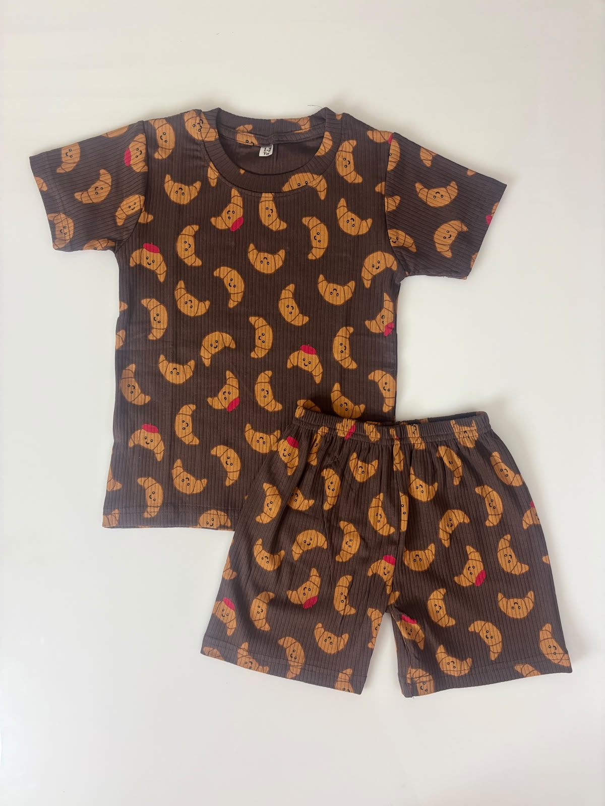 Cute Croissant Printed Kids Rib T-shirt and Shorts Set