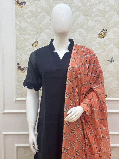 Black Solid Chanderi Suit With Orange Printed Dupatta