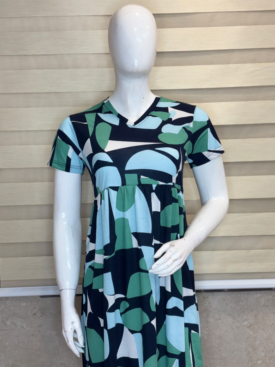 Abstract Geometric Printed Knitted Cotton V-neck Lounge Frock