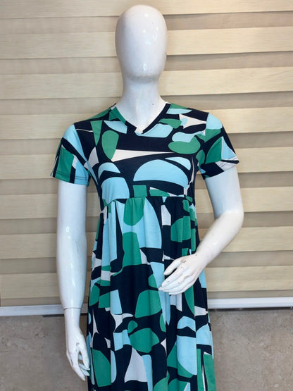 Abstract Geometric Printed Knitted Cotton V-neck Lounge Frock