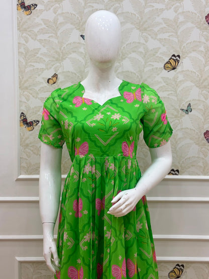 Green Butterfly Bloom Printed Georgette Non Feeding Maxi