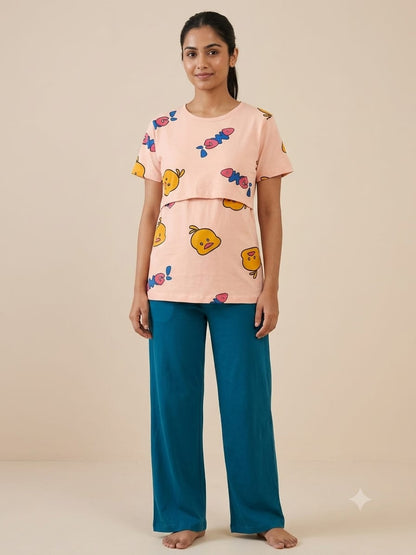 Cream Duck Print Feeding T-Shirt with Teal Palazzo