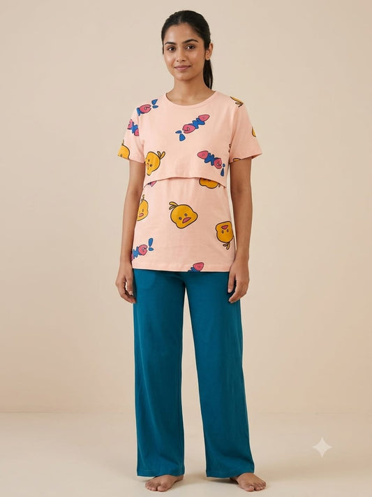 Cream Duck Print Feeding T-Shirt with Teal Palazzo