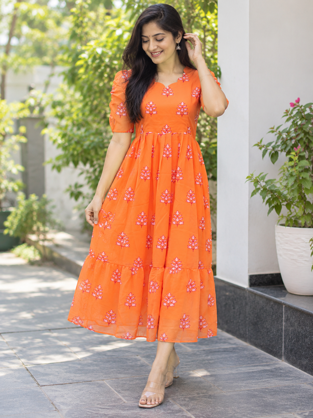 Orange Leafy Printed Georgette Non Feeding Maxi