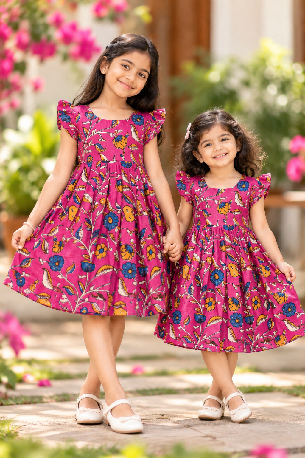 Magenta Pink Floral Kalamkari Kids Outdoor Wear