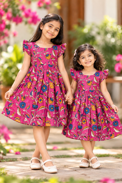 Magenta Pink Floral Kalamkari Kids Outdoor Wear
