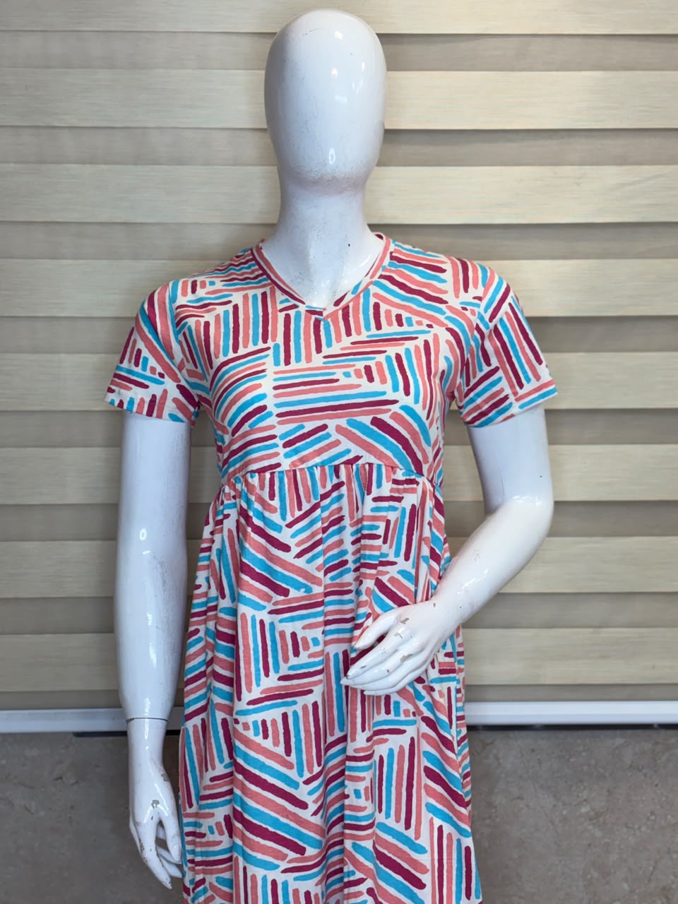 Multi Colored Printed Knitted Cotton V-neck Lounge Frock