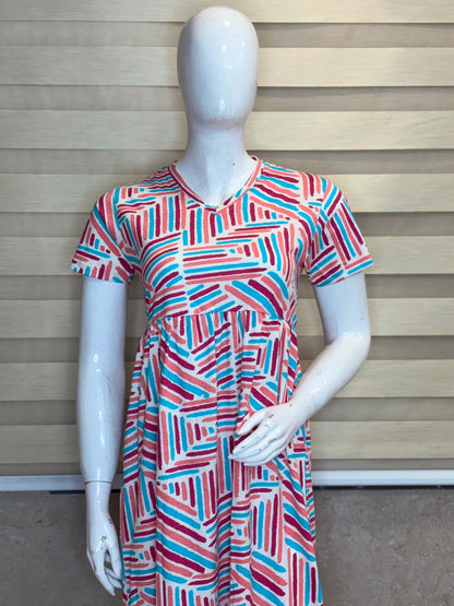 Multi Colored Printed Knitted Cotton V-neck Lounge Frock
