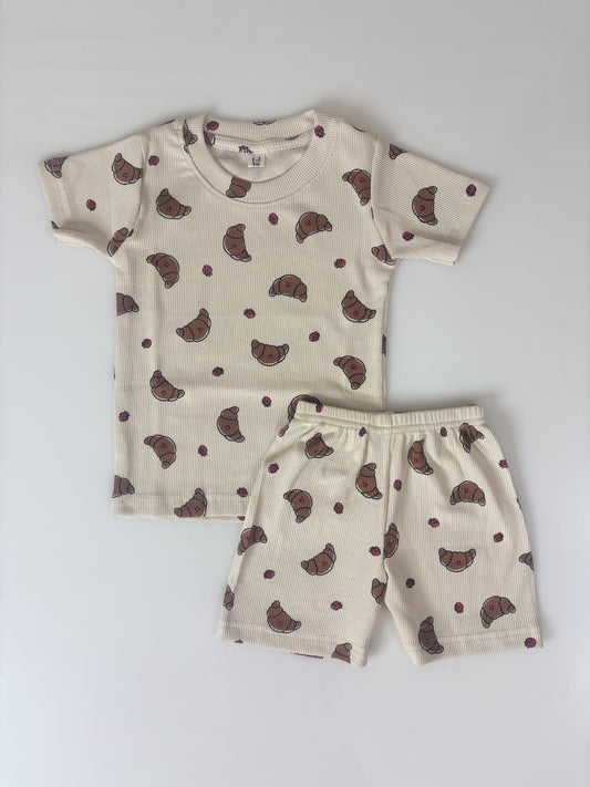 Beige Croissant Printed Kids Rib T-shirt and Shorts Set