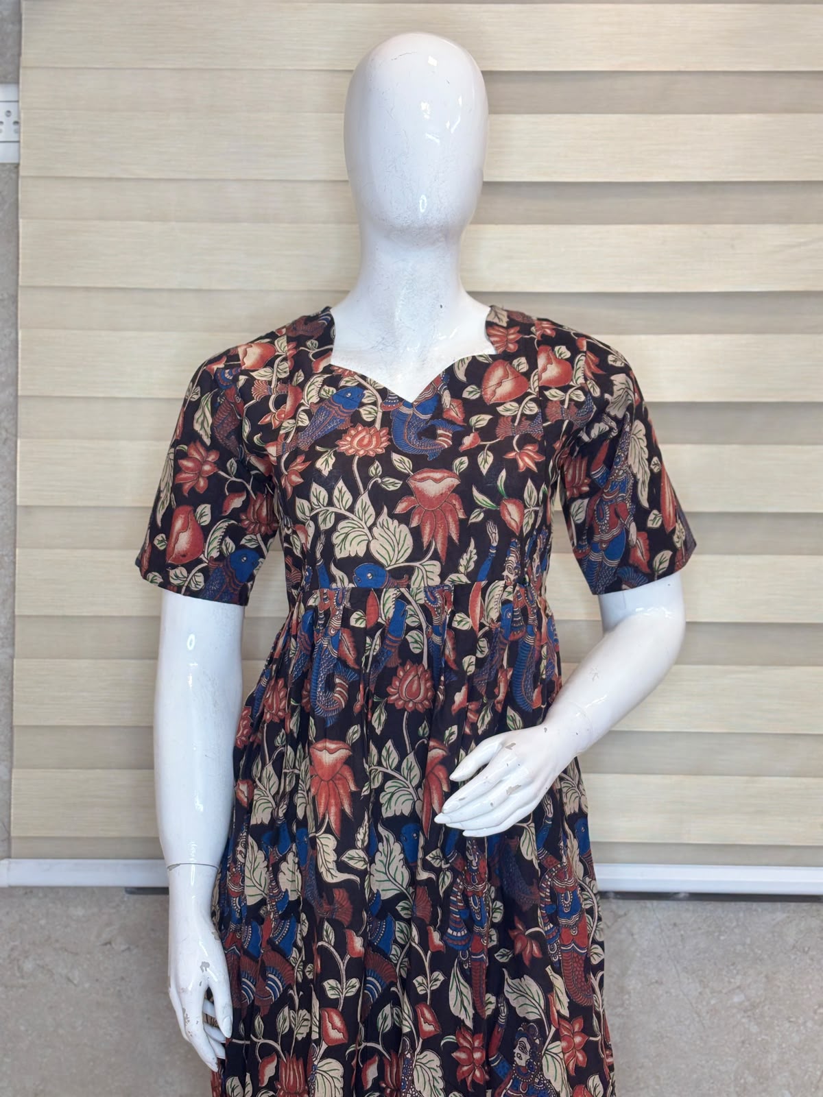 Black Peacock Floral Kalamkari Feeding Maxi