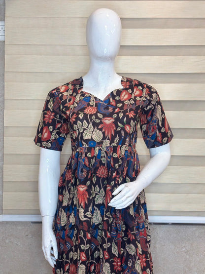Black Peacock Floral Kalamkari Feeding Maxi