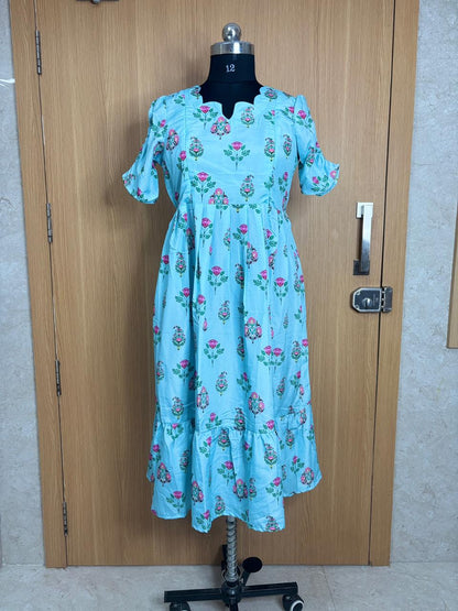 Sky Blue floral Printed Blended Cotton Feeding Maxi
