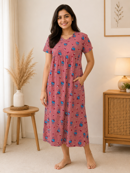 Red Striped Printed Knitted Cotton V-neck Lounge frock