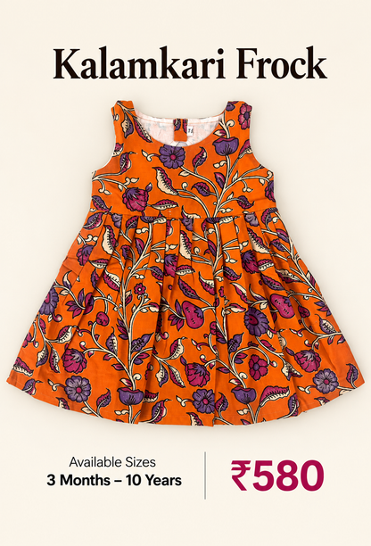 Orange Floral Kalamkari Kids Outdoor Wear