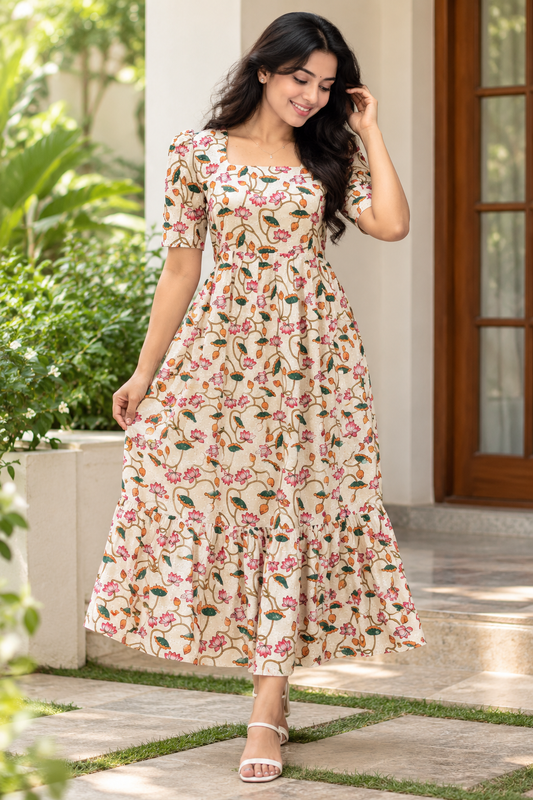 White Lotus Floral Printed Hakoba Non-feeding Maxi