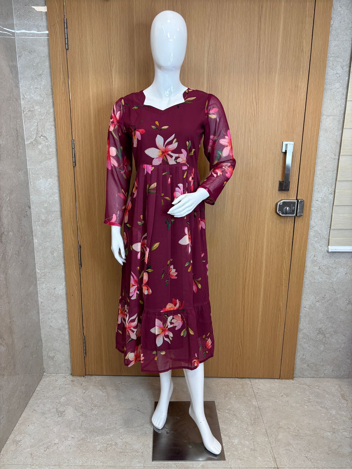 Maroon Floral Printed Georgette Outdoor Non-Feeding Maxi