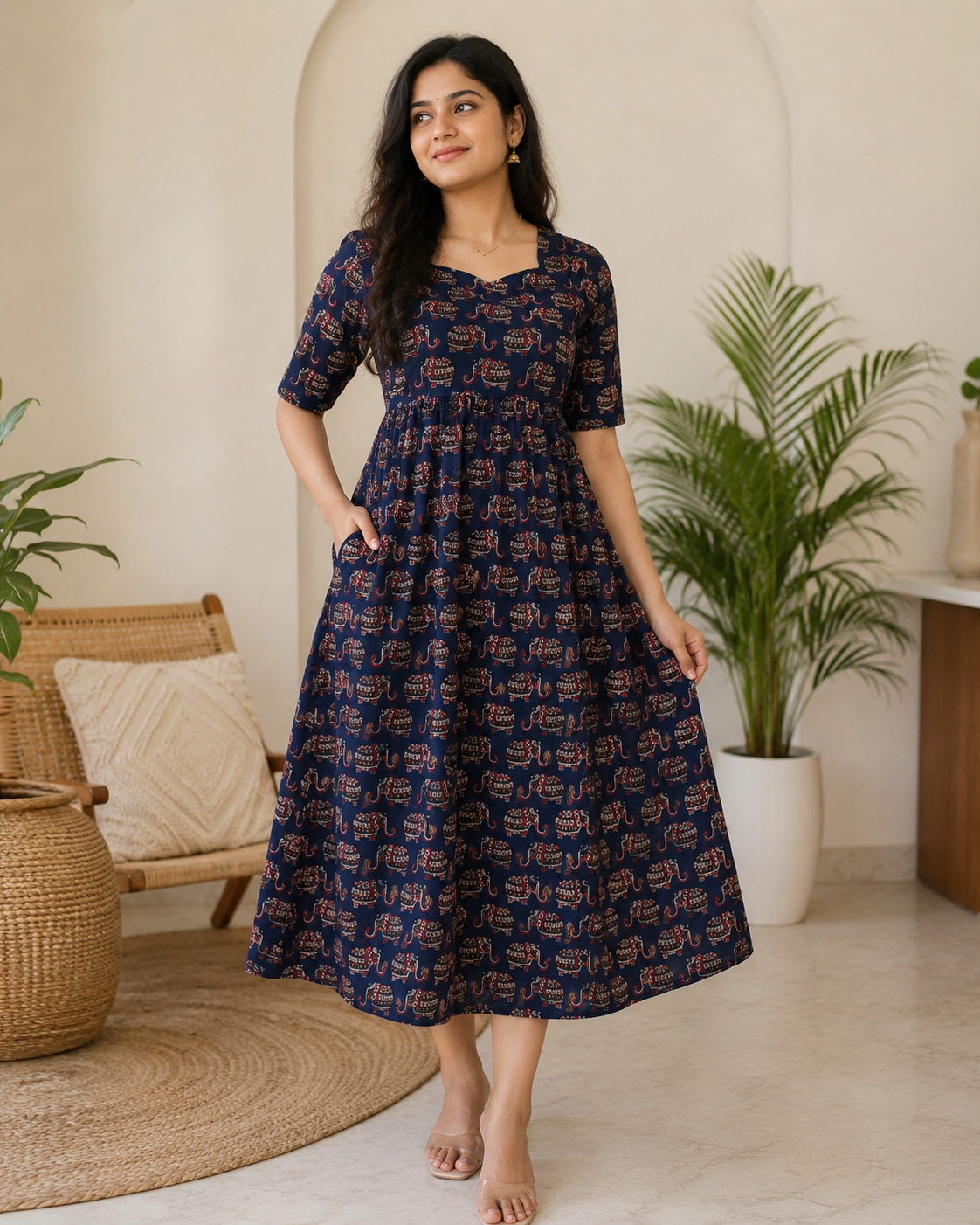 Navy Elephant Kalamkari Print Feeding maxi
