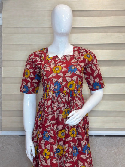Brick Red Floral Vine Kalamkari Feeding Maxi